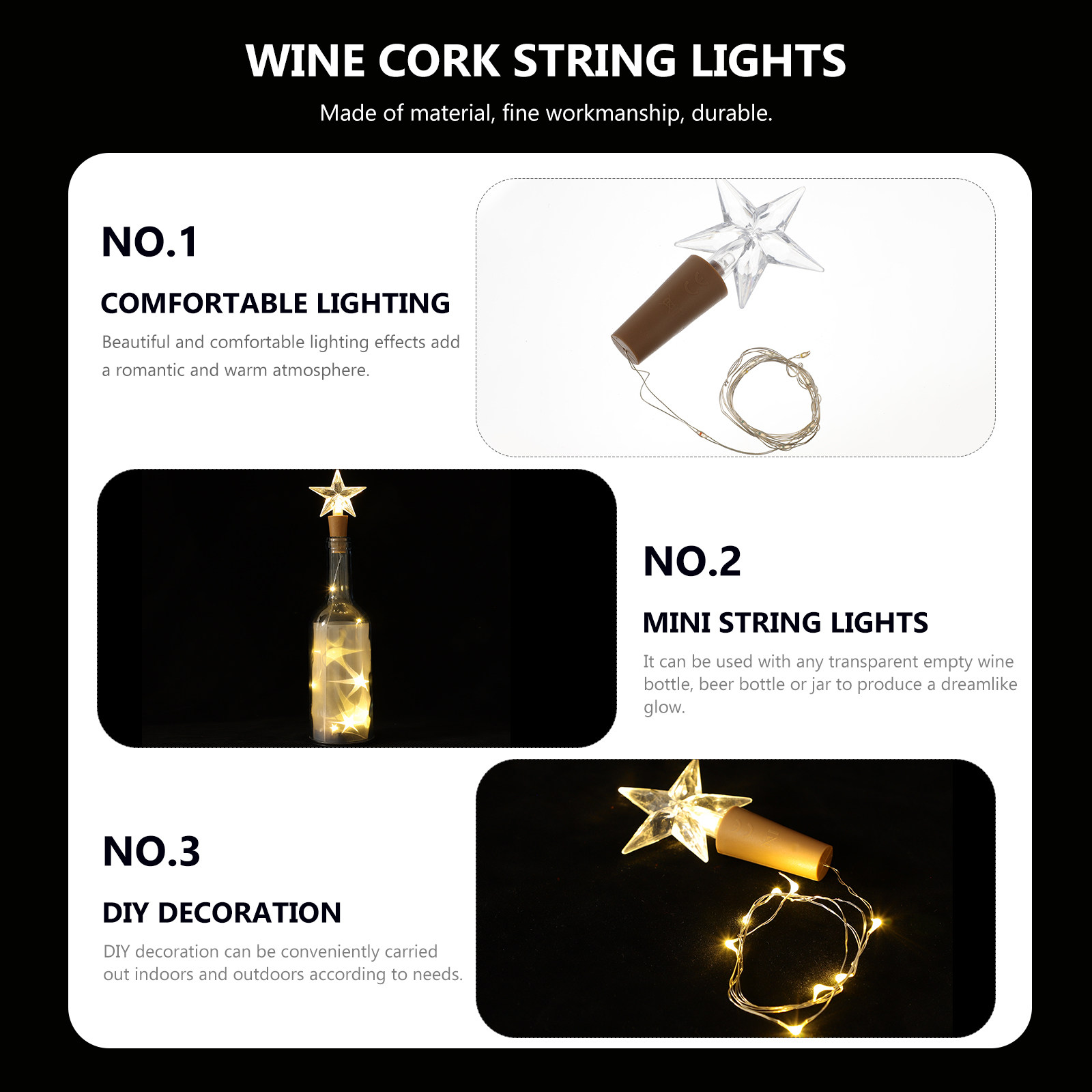 Decor Lighting Cork - ワインボトル用コルク型LEDストリングライト2個組。寝室、リビング、庭、パーティーなど、ロマンチックな雰囲気の夜間装飾やDIY照明に最適。